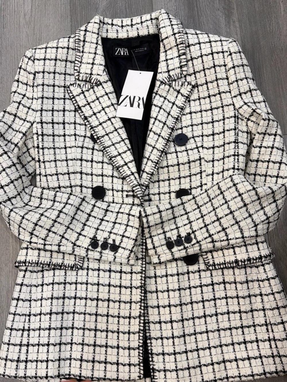 Zara Black and White Windowpane Tweed Blazer